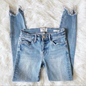 Frame Women's Le Skinny De Jeanne Fray Hem Stiletto Jeans In Dupont Blue Sz 25